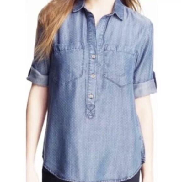 Anthropologie Cloth & Stone Polka Dot Roll Tab Chambray Popover Top Womens Small - Picture 1 of 10